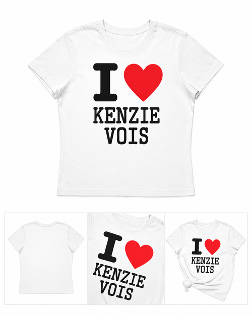 White t-shirt with 'I ❤️ KENZIE VOIS' text design on a white background