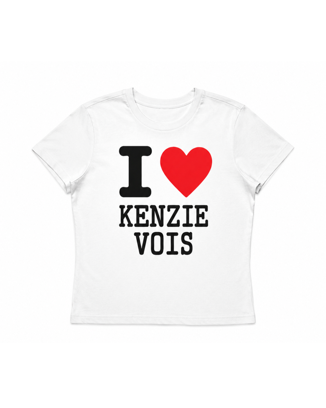 White t-shirt with 'I ❤️ Kenzie Vois' text on a white background